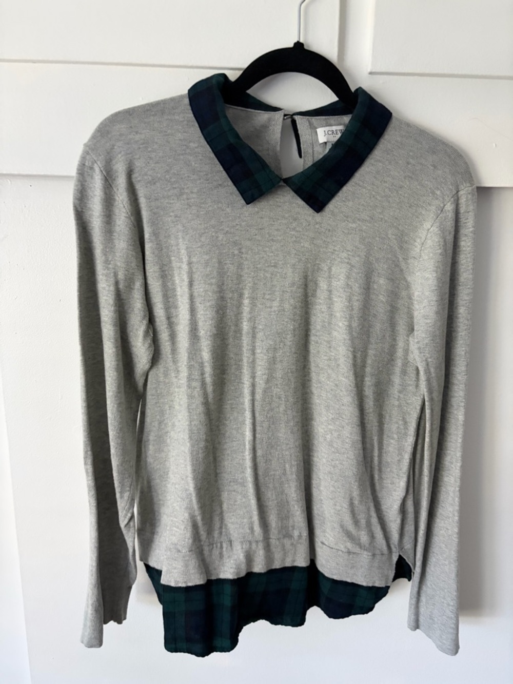 J. Crew Light Gray Crewneck Sweater with Dark Green & Navy Plaid Collar